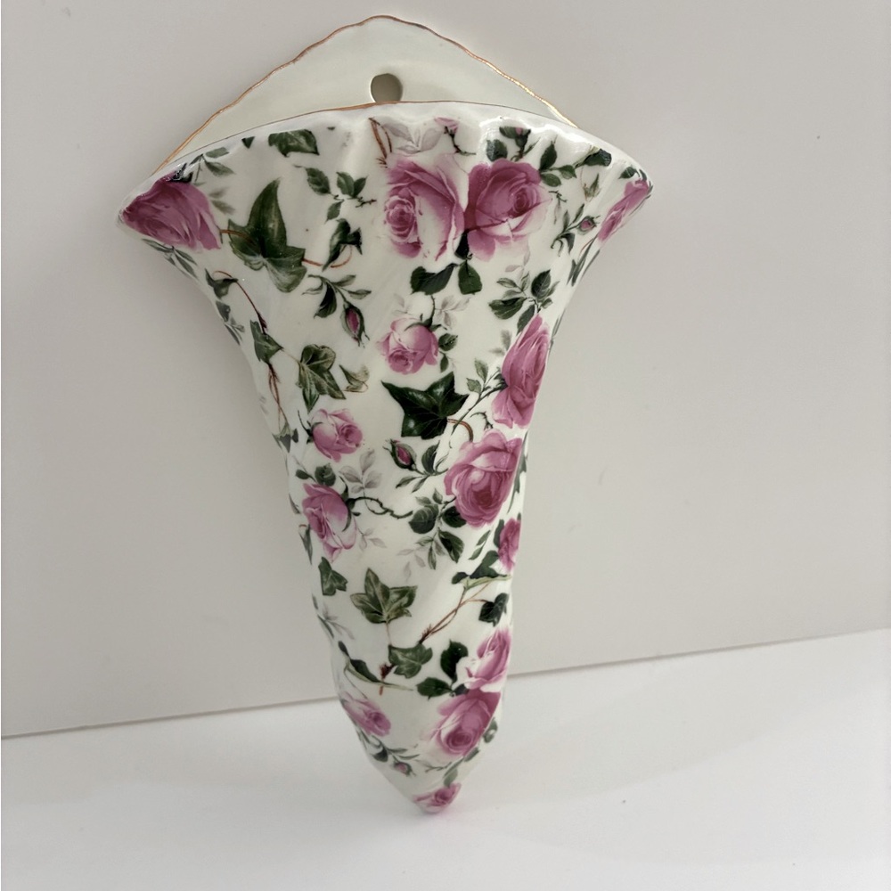 Vintage Pink Rose Floral Ceramic Wall Pocket French Country Country Style